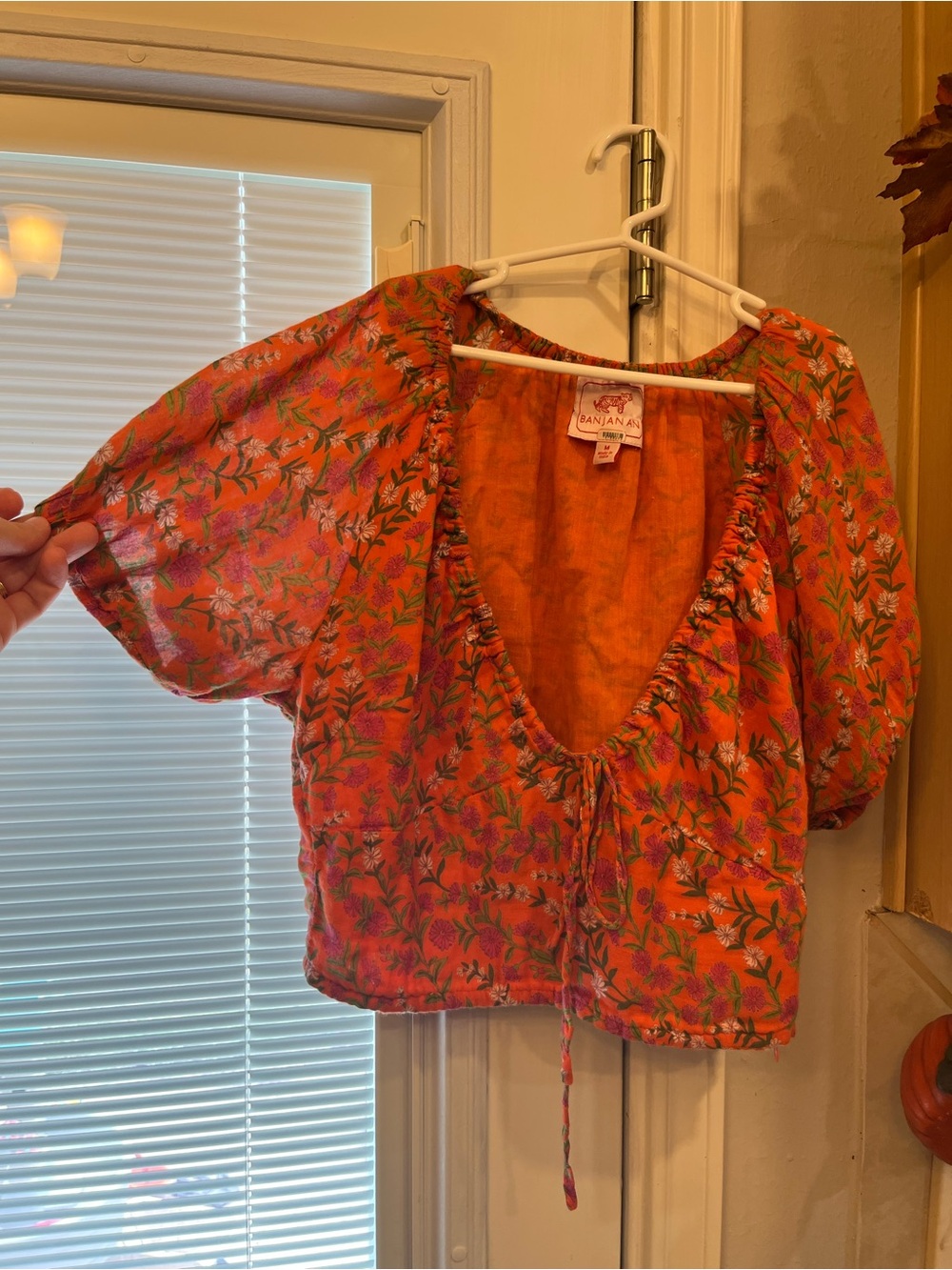 Banjanan Orange Floral Tie-Front Puff Sleeve Crop Top